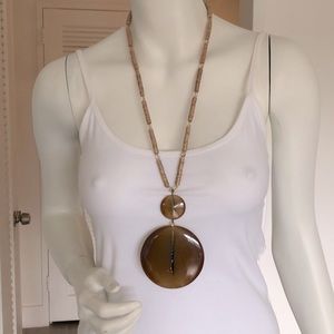 Necklace beads with 2 resin circle pendant in camel/taupe brown